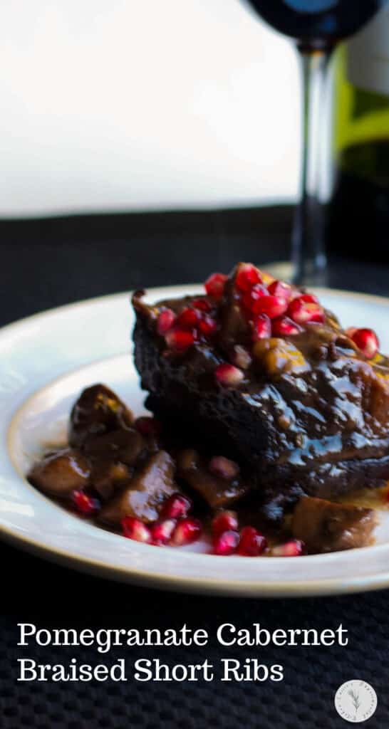 English cut beef short ribs slowly simmered in pomegranate juice, Cabernet wine and fresh rosemary is a tasty, comforting meal. 