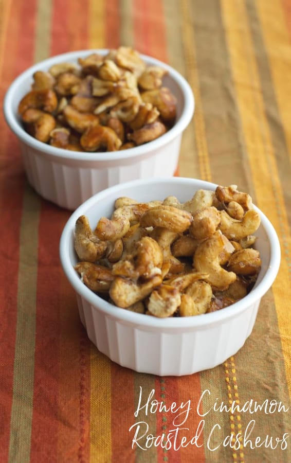 Whole cashews tossed with honey, ground cinnamon and salt; then roasted until golden brown make the perfect sweet and salty snack. 