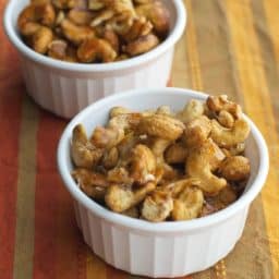 Whole cashews tossed with honey, ground cinnamon and salt; then roasted until golden brown make the perfect sweet and salty snack. 