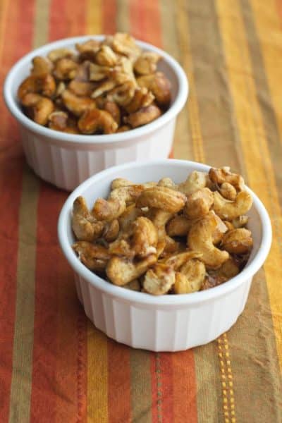 Whole cashews tossed with honey, ground cinnamon and salt; then roasted until golden brown make the perfect sweet and salty snack. 