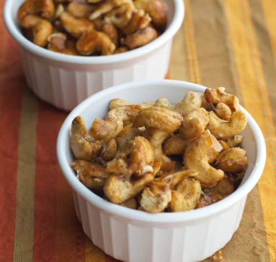 Whole cashews tossed with honey, ground cinnamon and salt; then roasted until golden brown make the perfect sweet and salty snack. 