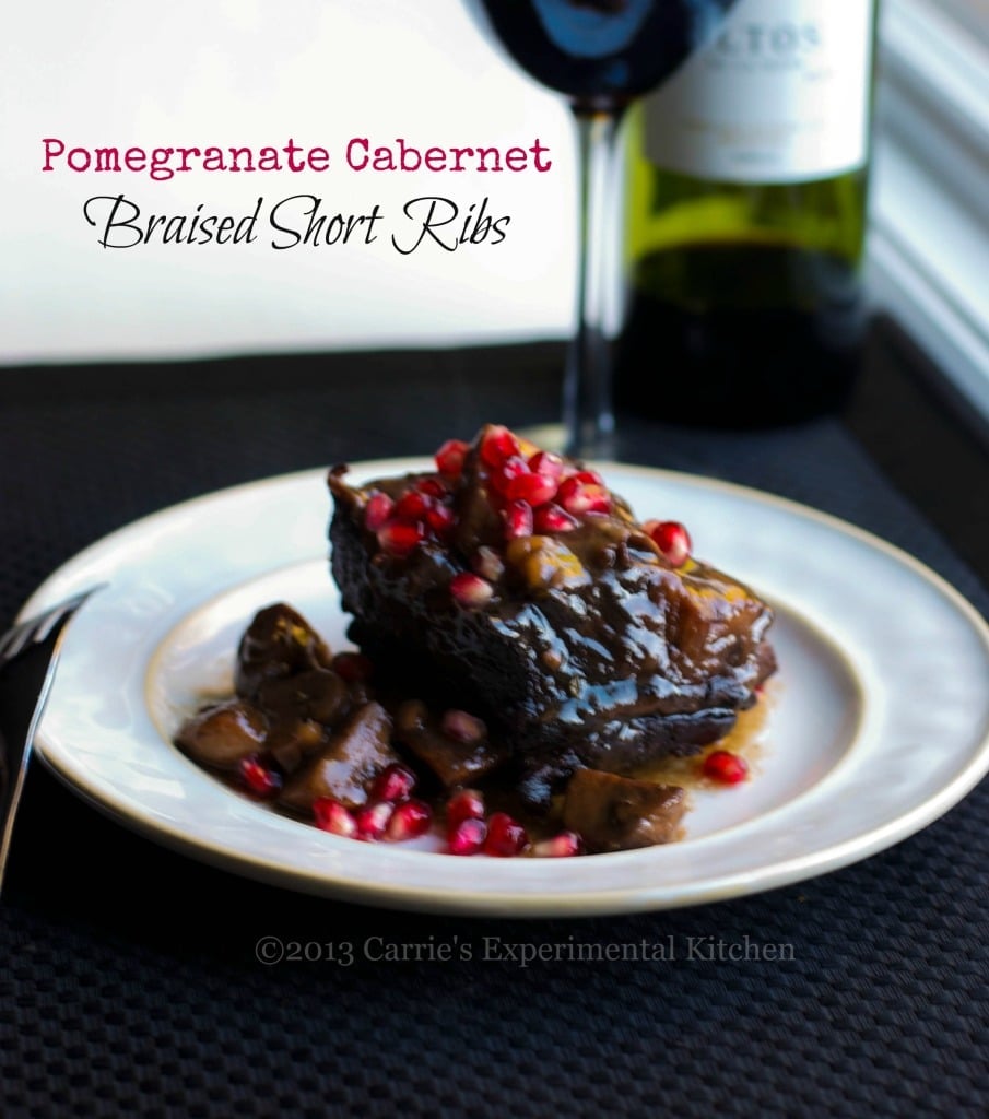 English cut beef short ribs slowly simmered in a pomegranate, Cabernet red wine sauce. 