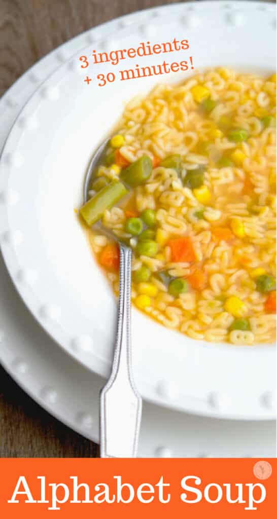 Alphabet Soup made with mixed vegetables, alphabet shaped pasta and organic vegetable broth. Perfect for lunch or dinner!