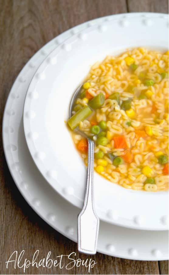 Alphabet Soup made with mixed vegetables, alphabet shaped pasta and organic vegetable broth. Perfect for lunch or dinner!