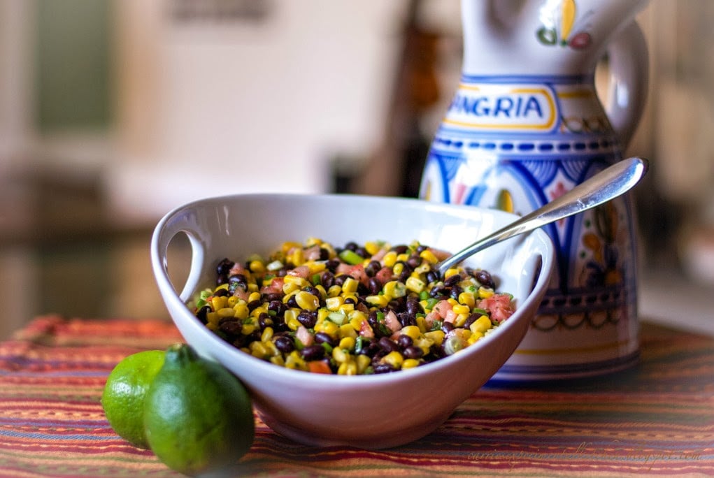 A bowl of black bean corn salad. 