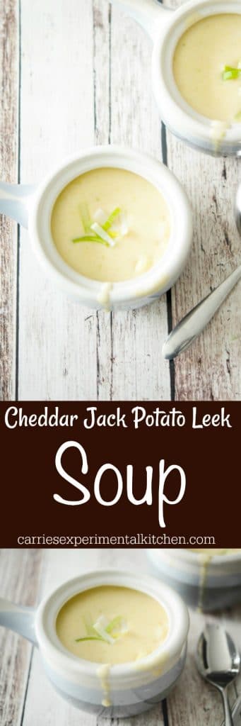 Cheddar Jack Potato Leek Soup in a soup crock on a wooden table collage. 