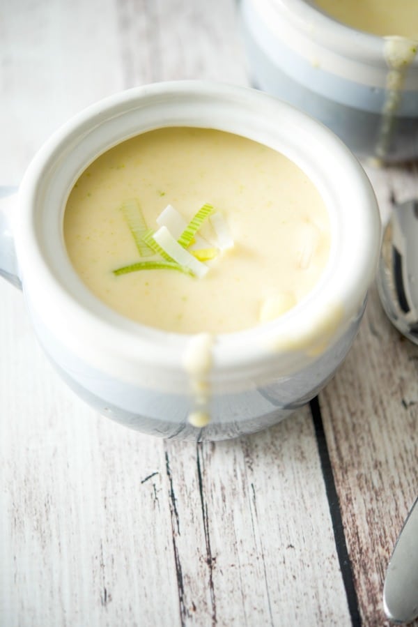 A bowl of Cheddar Jack Potato Leek Soup