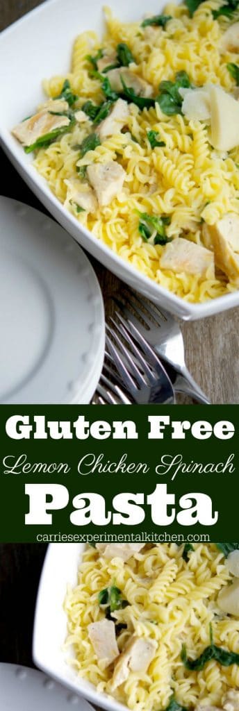 A close up of Gluten Free Lemon Chicken Spinach Pasta