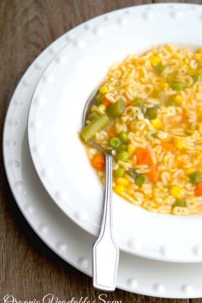 Organic Alphabet Soup made with mixed vegetables, alphabet shaped pasta and organic vegetable broth. Perfect for lunch or dinner!  #soup #organic