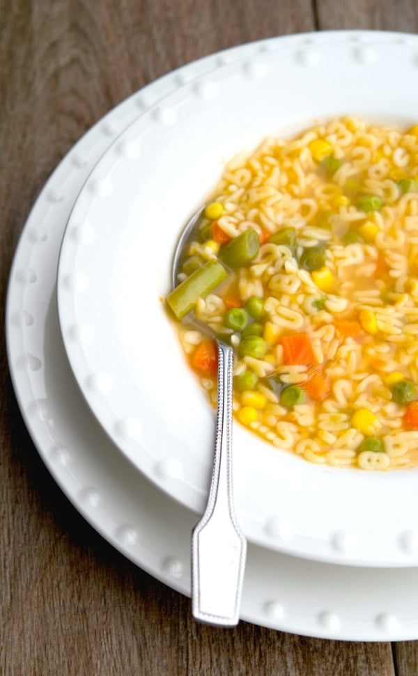 Organic Alphabet Soup made with mixed vegetables, alphabet shaped pasta and organic vegetable broth. Perfect for lunch or dinner! 