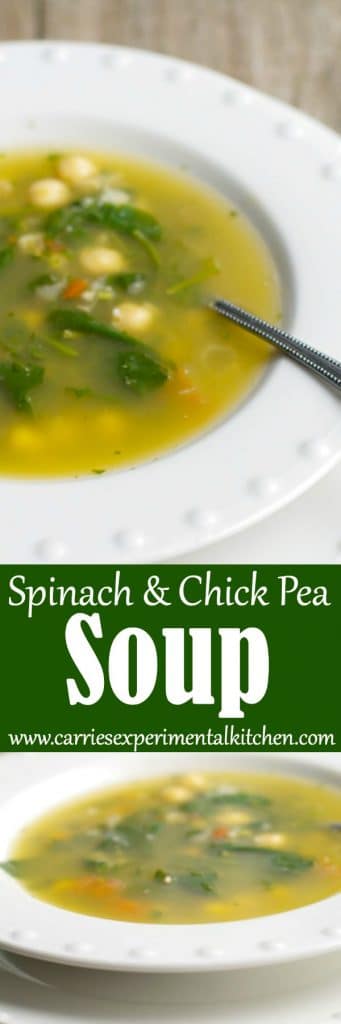 Spinach & Chick Pea Soup is a light, broth soup made with fresh spinach, tomatoes, garlic and chick peas. Satisfying for lunch or dinner.