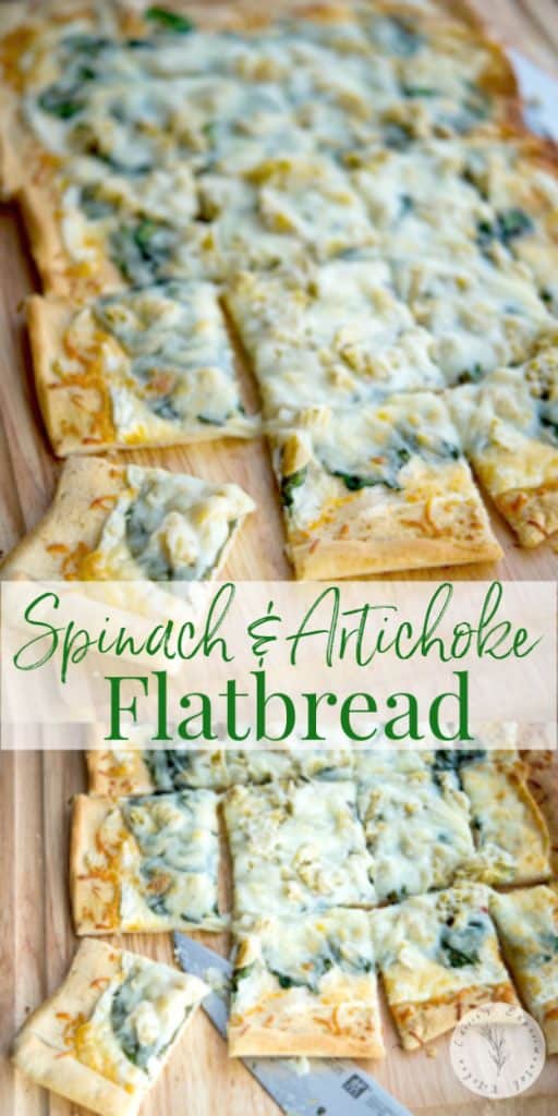 Spinach and Artichoke Flatbread pizza cut into squares on a cutting board. 