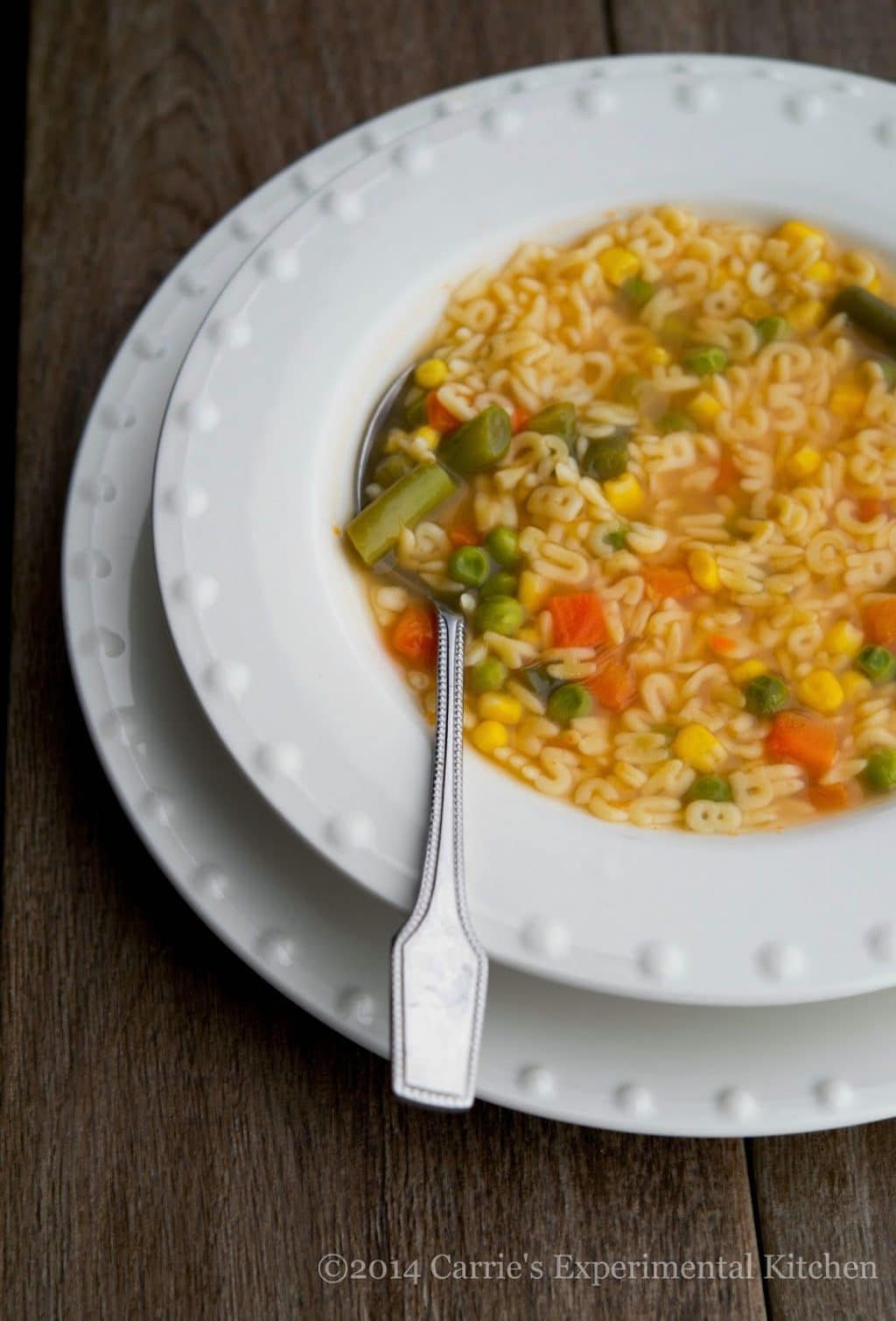 Alphabet Soup in a white bowl with a spoon. 