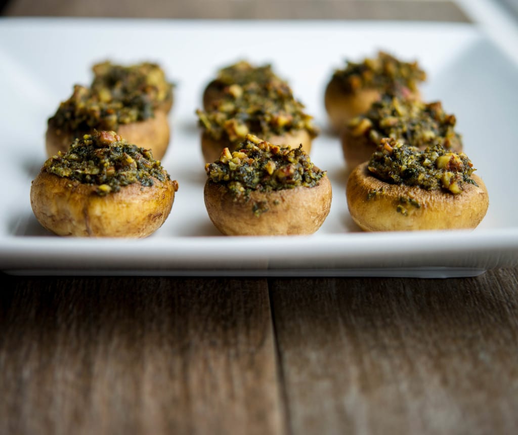 Basil Pecan Pesto Stuffed Mushrooms