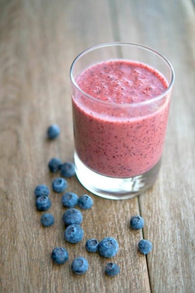 This Blueberry, Peach & Banana Smoothie is filling with the addition of flax and tastes great for breakfast or an afternoon snack.