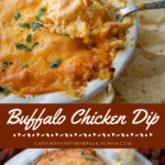 collage photo of buffalo chicken dip