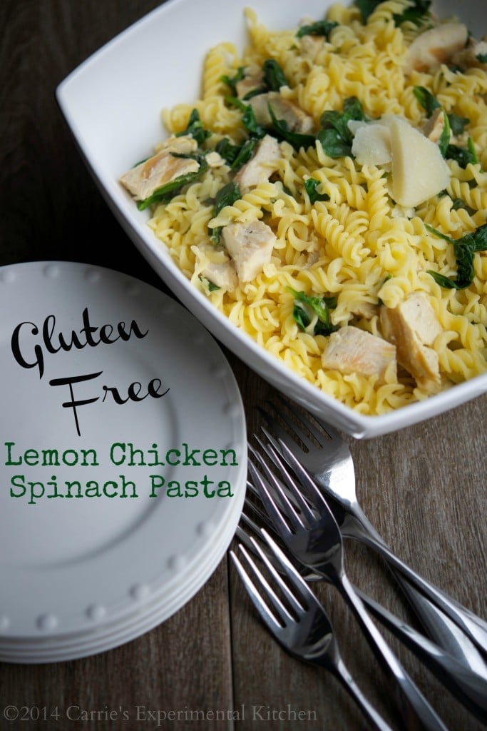 Lemon Chicken Spinach Pasta {Gluten Free} - Gluten free pasta tossed with tender chicken, fresh baby spinach, lemon and Pecorino Romano cheese. 