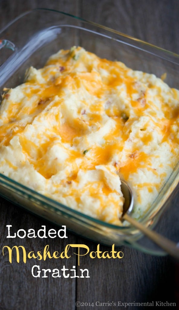 A close up of loaded mashed potato gratin.