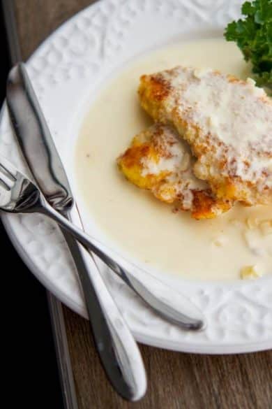 Chicken cutlets topped with a lemon cream sauce.