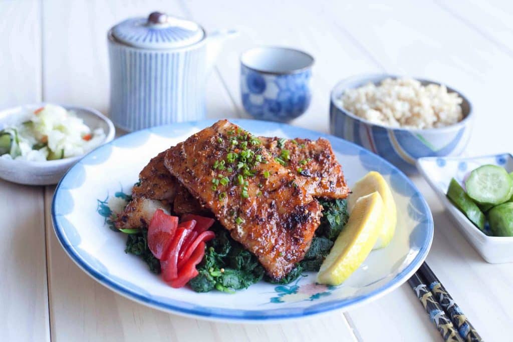 A plate of food on a table, with Barbecue Rockfish