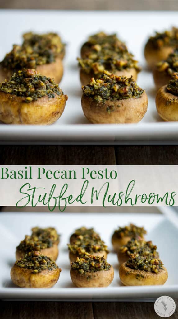 Basil Pecan Pesto Stuffed Mushrooms make a nice addition to your holiday table or game day snacking. They're also gluten-free! 