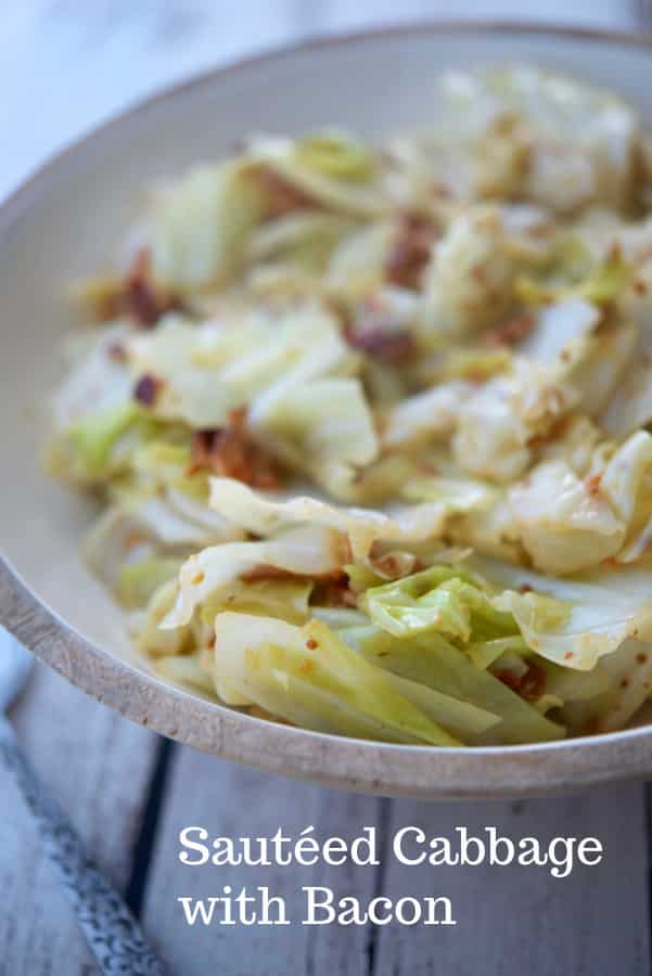 This recipe made with sautéed cabbage, bacon, thyme, mustard and white wine is delicious and makes a tasty vegetable side dish.