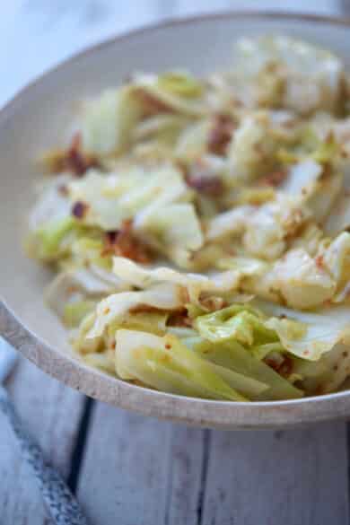 Sautéed Cabbage with Bacon with mustard, thyme and white wine.