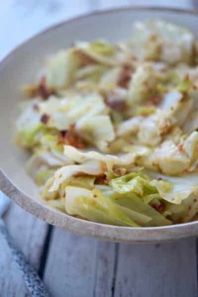 Sautéed Cabbage with Bacon with mustard, thyme and white wine.