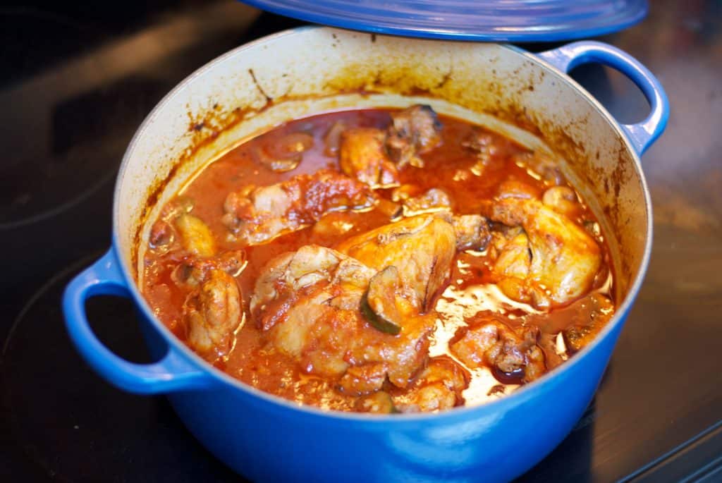 A pot of Chicken thighs in chianti wine