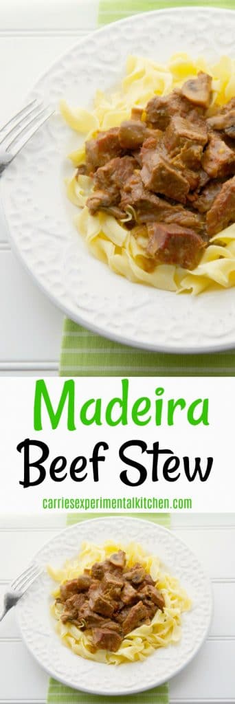 Madeira Beef Stew made with tender cuts of beef, mushrooms, garlic, rosemary and Madeira wine.