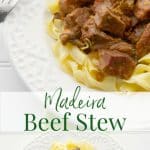 Madeira Beef Stew made with tender cuts of beef, mushrooms, garlic, rosemary and Madeira wine; then slowly simmered in a Dutch oven or crockpot.