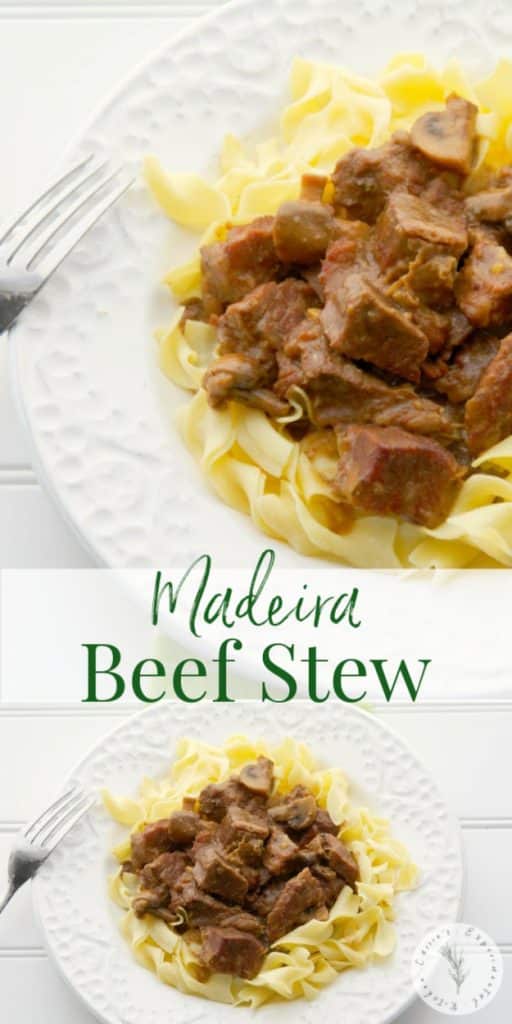 Madeira Beef Stew made with tender cuts of beef, mushrooms, garlic, rosemary and Madeira wine; then slowly simmered in a Dutch oven or crockpot.