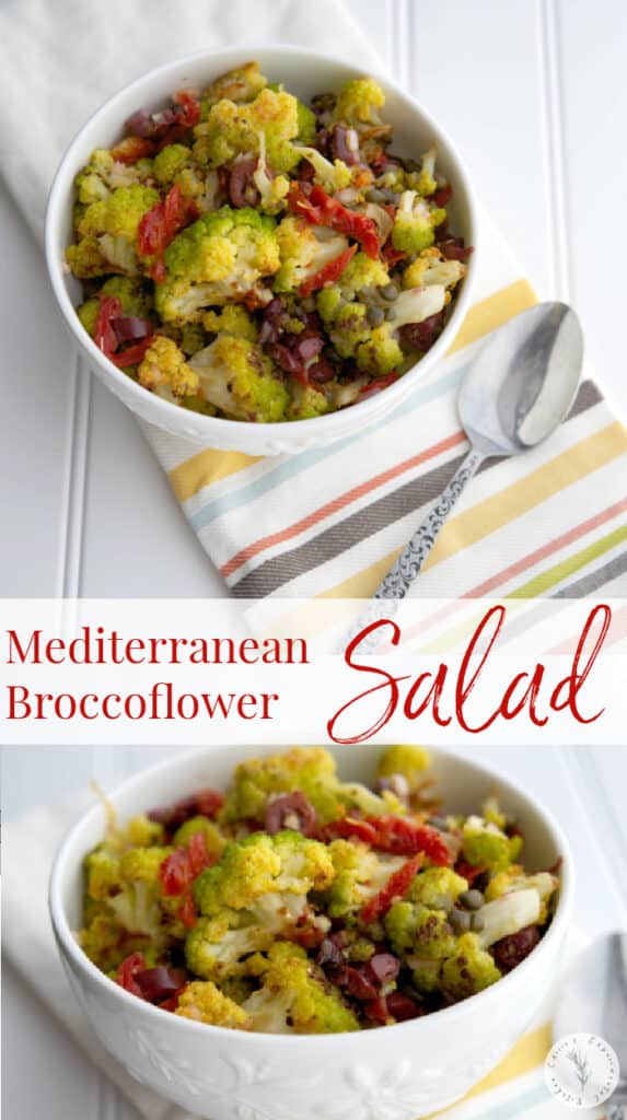 Mediterranean Broccoflower Salad made with sun dried tomatoes, capers, Kalamata olives, fresh oregano and lemon juice.