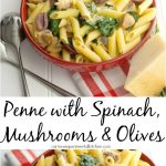 Penne pasta tossed with fresh baby spinach, cremini mushrooms and Kalamata olives, white wine and grated Pecorino Romano cheese.