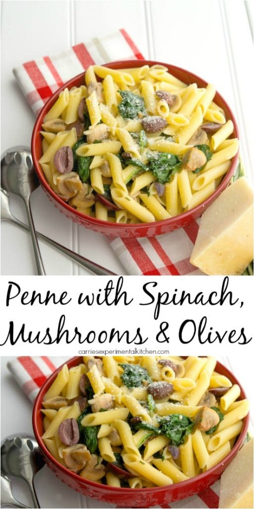 Penne pasta tossed with fresh baby spinach, cremini mushrooms and Kalamata olives, white wine and grated Pecorino Romano cheese.