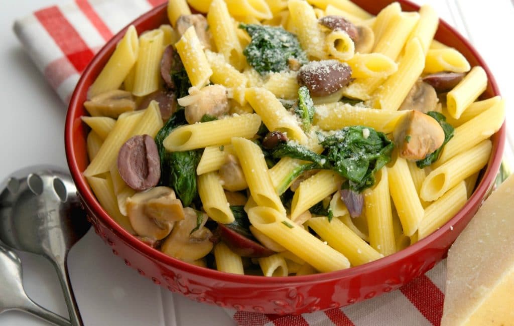 A bowl filled with pasta and vegetables, with Mushroom and Penne