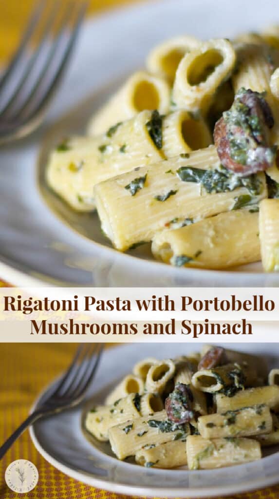 A plate of food with a fork, with Rigatoni and Mushroom