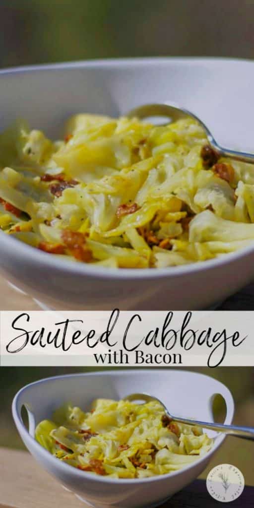 This recipe made with sautéed cabbage, bacon, fresh thyme and white wine is delicious and makes a tasty vegetable side dish.