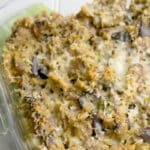 Turkey Sausage & Roasted Eggplant Casserole made with eggplant, mushrooms, garlic, Italian cheeses and breadcrumbs.