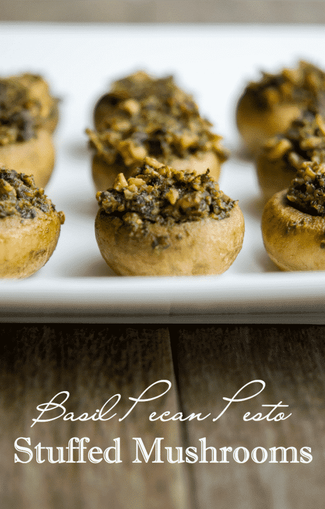 Basil Pecan Pesto Stuffed Mushrooms make a nice addition to your holiday table or game day snacking. They're also gluten-free! 