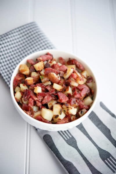 Corned Beef Hash in a white bowl