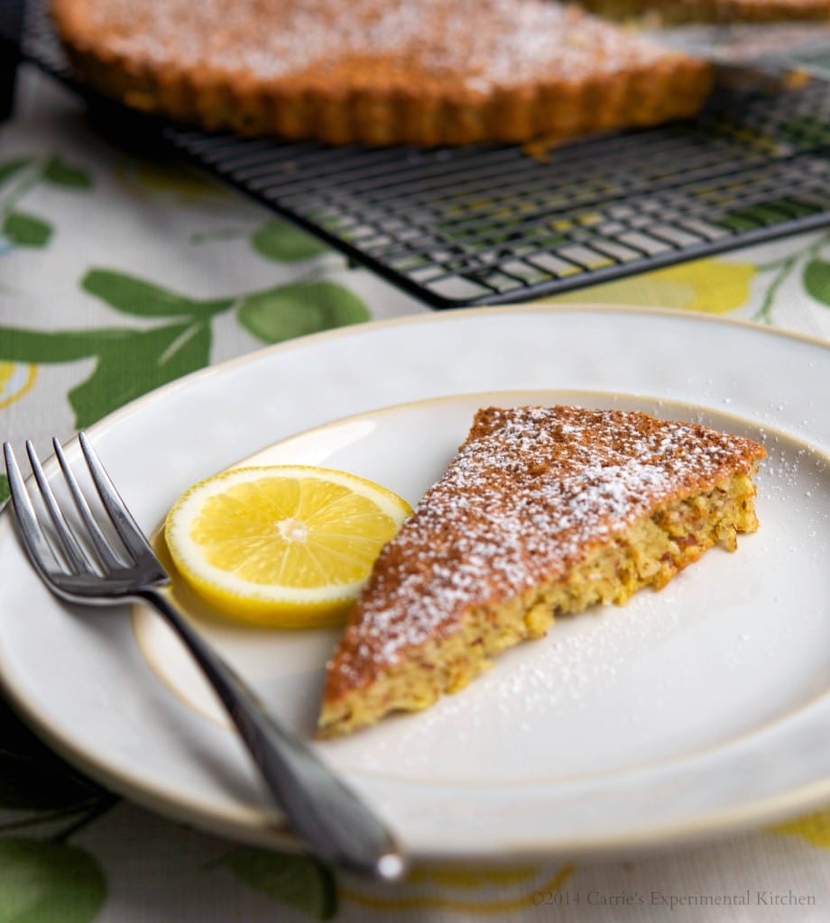 A piece of cake on a plate, with Almond torte