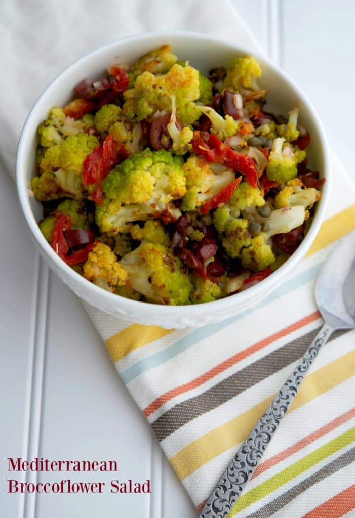 A bowl of Mediterranean Broccoflower Salad 