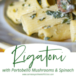 collage photo of rigatoni with mushrooms and spinach
