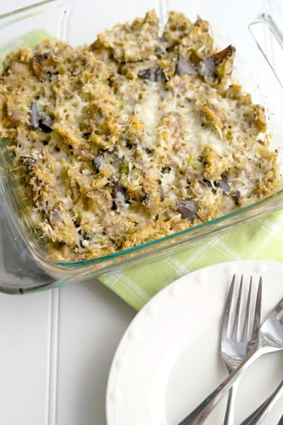 Turkey Sausage & Roasted Eggplant Casserole made with Jimmy Deans fully cooked turkey sausage crumbles, eggplant, mushrooms, garlic, Italian cheeses and breadcrumbs. A tasty meal that's ready in about 30 minutes!