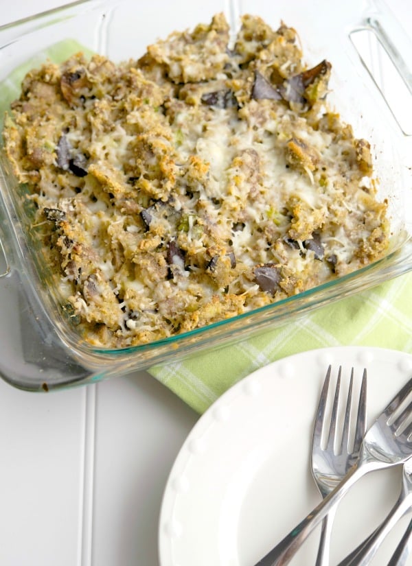 A closeup of Turkey Sausage and Roasted Eggplant Casserole