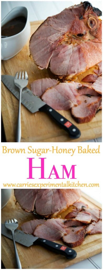 Brown Sugar Honey Baked Ham on a cutting board. 