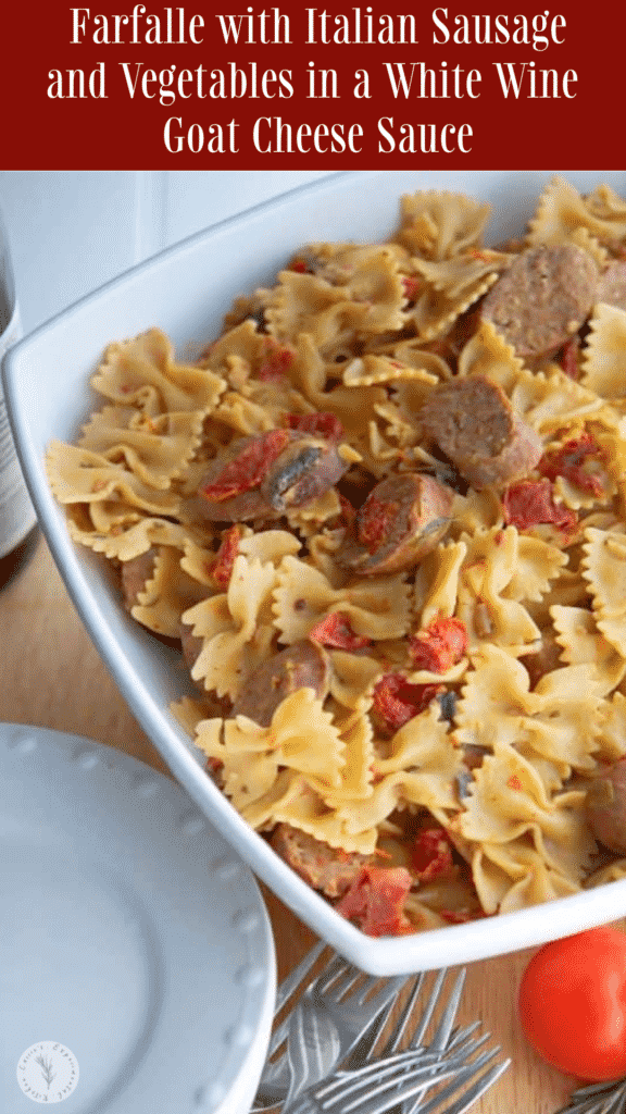 Farfalle pasta combined with sliced Italian sausage and vegetables like sun dried tomatoes and mushrooms in a white wine goat cheese sauce.