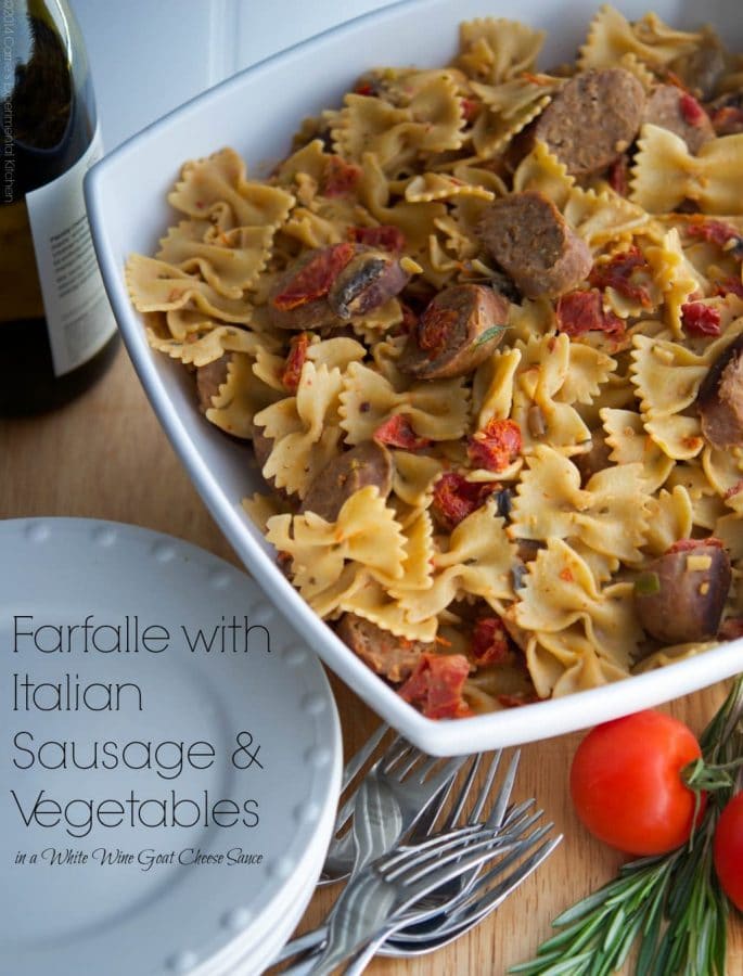 Farfalle with Italian Sausage and Vegetables in a White Wine Goat Cheese Sauce | CarriesExperimentalKitchen.com