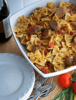 farfalle with italian sausage in a goat cheese sauce